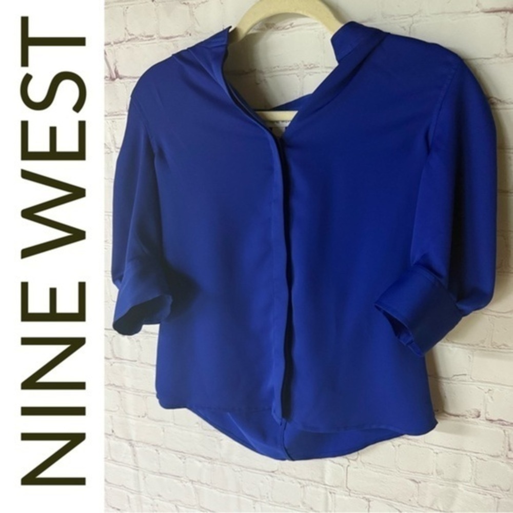 ❤️Nine West NEW 🆕 Blue Button Down Shirt with Mandarin Collar -XS-
